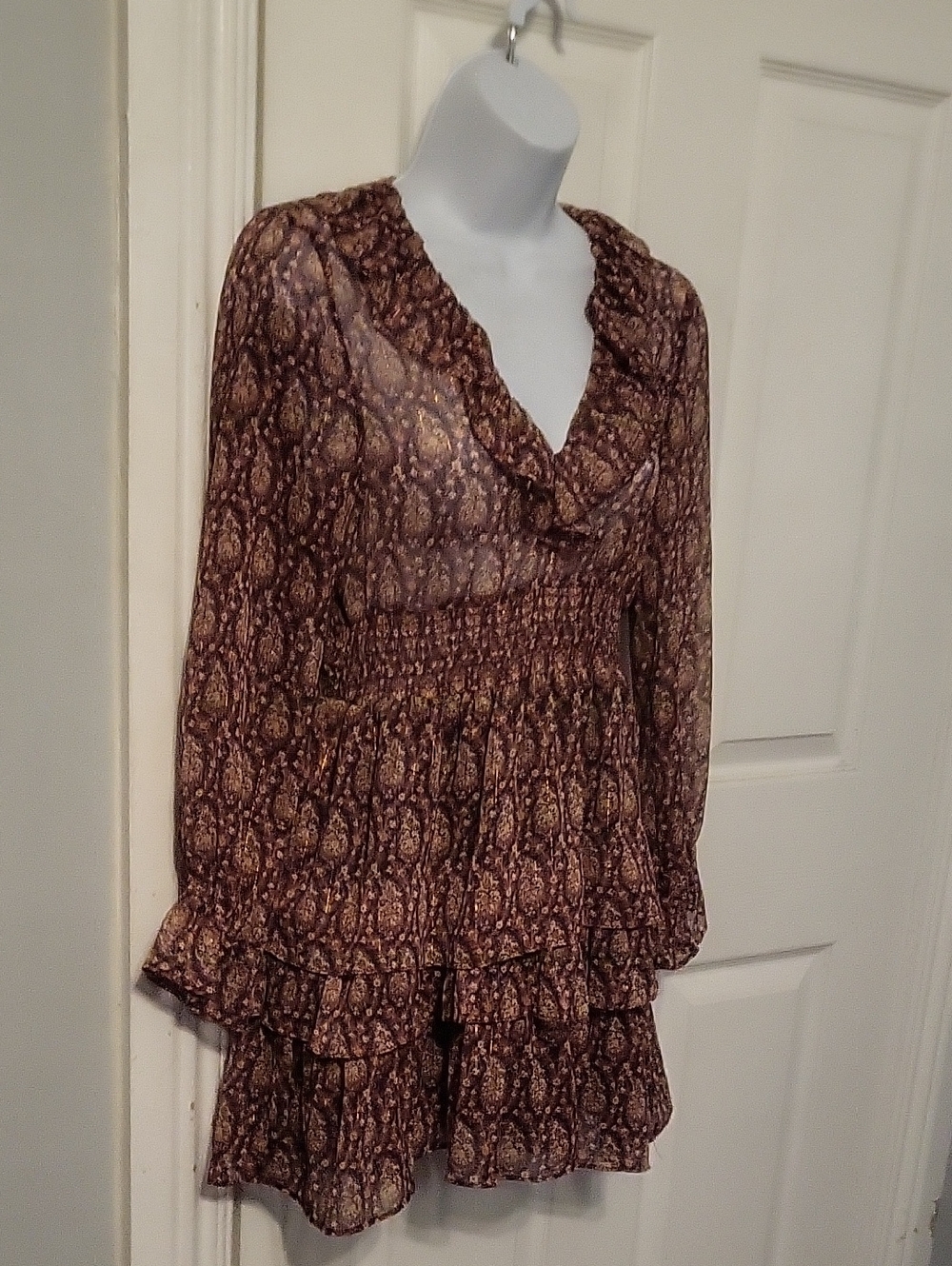 Zara Smocked Waist Ruffle-Tiered Long-Sleeve Dress in Brown Paisley - Picture 2 of 11
